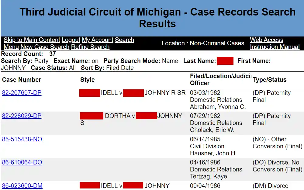 Case search results from the Third Judicial Circuit of Michigan - Odyssey Web Access shows the list of "Non-Criminal Records," which displays the case number, style, filed/location/judicial officer, and type/status.