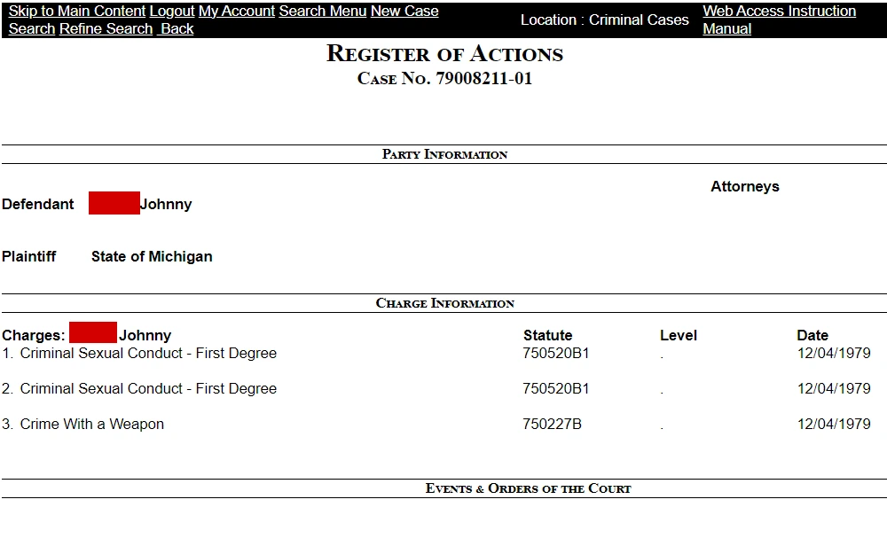 A screenshot from the Third Judicial Circuit of Michigan - Odyssey Web Access shows the case information of an individual, "Johnny," which includes the party information, charge information, and events and orders of the court.