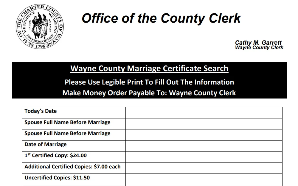 A screenshot from the Office of the Wayne County Clerk shows part of the form for the "Marriage Certificate" request displaying the fields, which include the date, the spouse's full name before marriage, the date of marriage, and the corresponding amount for the type of copies.