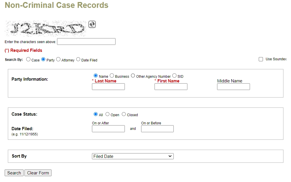 A screenshot from the Third Judicial Circuit of Michigan - Odyssey Web Access shows the "Non-Criminal Case Records" search display with the required fields (denoted by "*"), including the party information, case status, and an option to sort the result from the drop-down; search and clear form options are at the bottom.