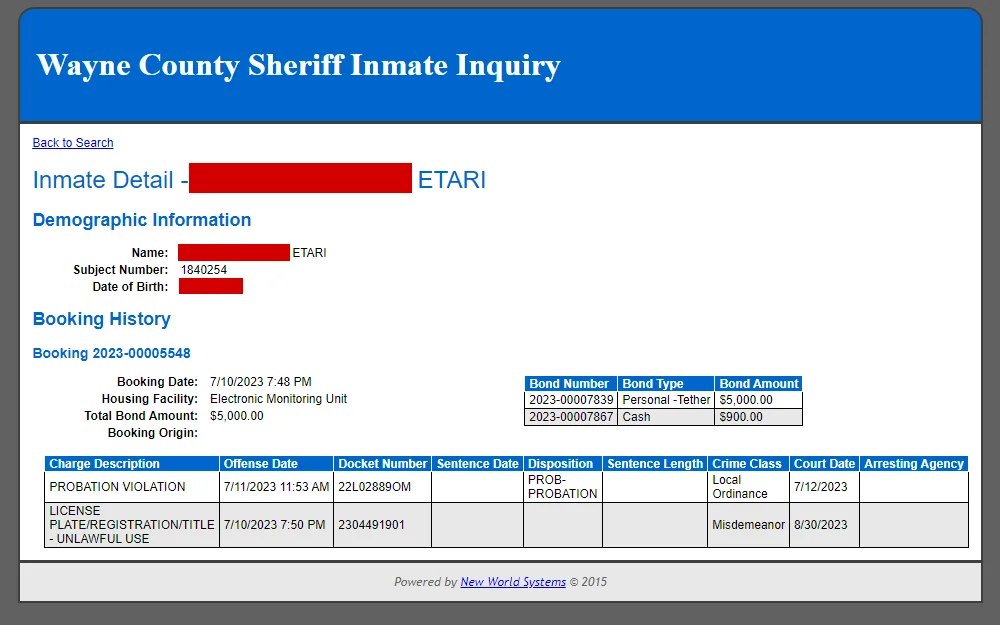 Inmate details are shown on the Wayne County Sheriff's Inmate Inquiry screenshot, including the offender's demographic information, booking history, and offense information.