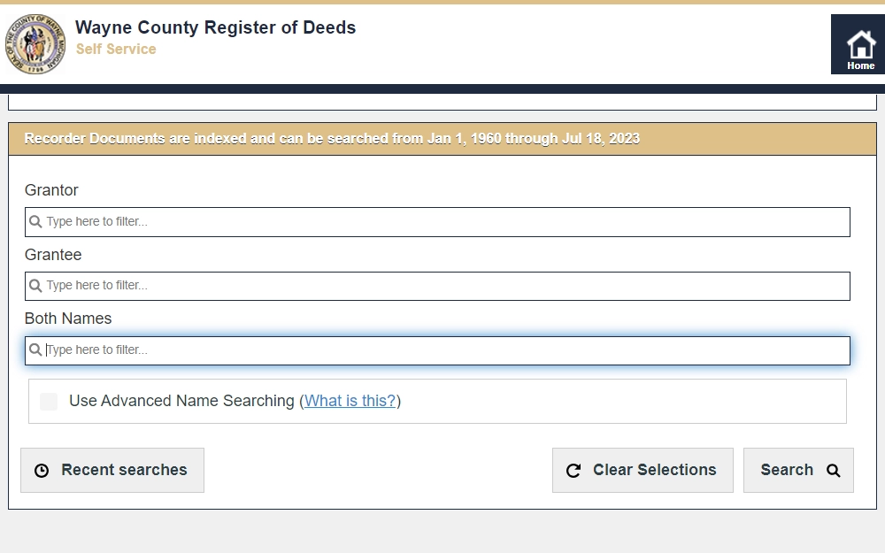 A screenshot showing the Wayne County Register of Deeds' property search page showing the available options to search, either by "Grantor," "Grantee," or by "Both Names," with buttons to view recent searches, clear selections, or search at the bottom of the page. 