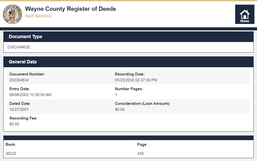 A screenshot shows the property details taken from the Wayne County Register of Deeds -Self Service feature shows the document type and general data; the logo is at the top left corner.