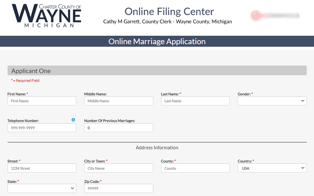Screenshot of the online application form for marriage license, showing fields for applicant basic information and address.