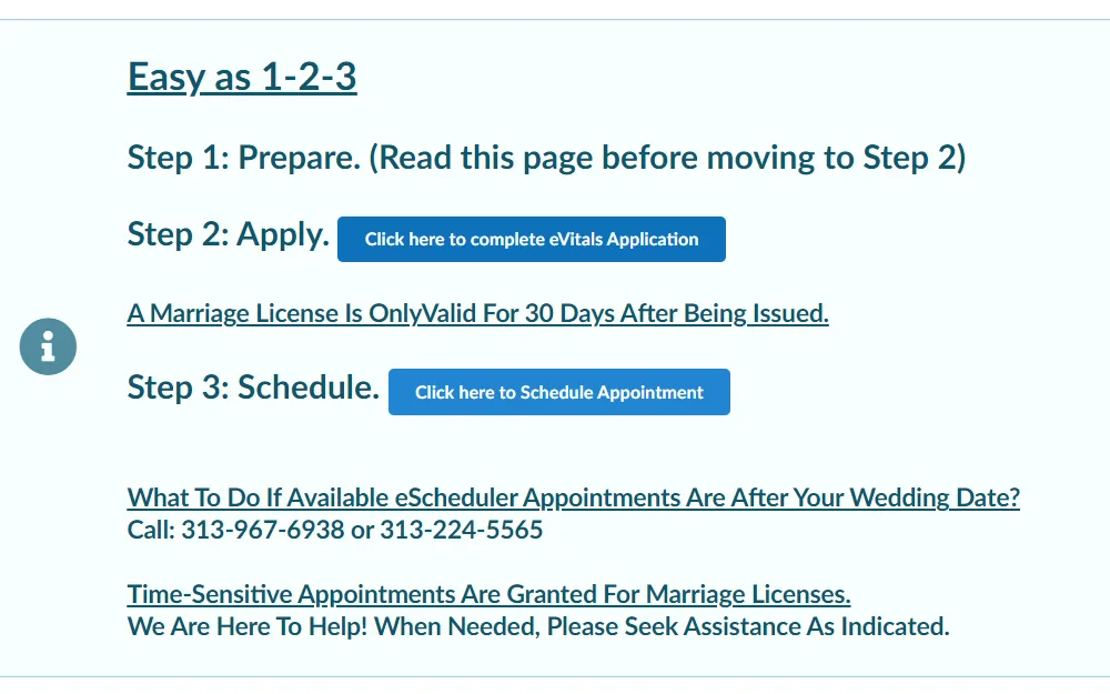 Screenshot of the steps provided in obtaining marriage license from the clerk office.
