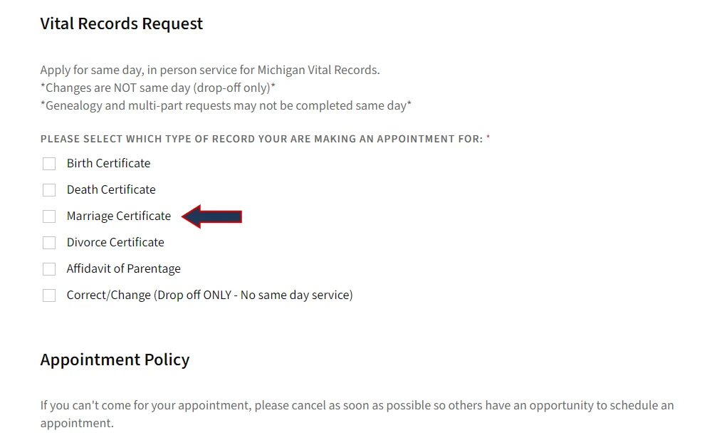 Screenshot of the online appointment form showing the type of record request checkboxes, and an appointment reminder.