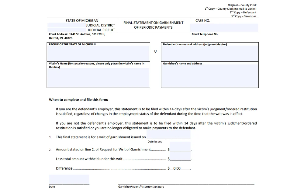 A screenshot from the Third Judicial Circuit of Michigan website showing a final statement on garnishment of periodic payments requiring information such as people of the state of Michigan, defendant's name and address, victim's name, garnishee's name and address, and others.