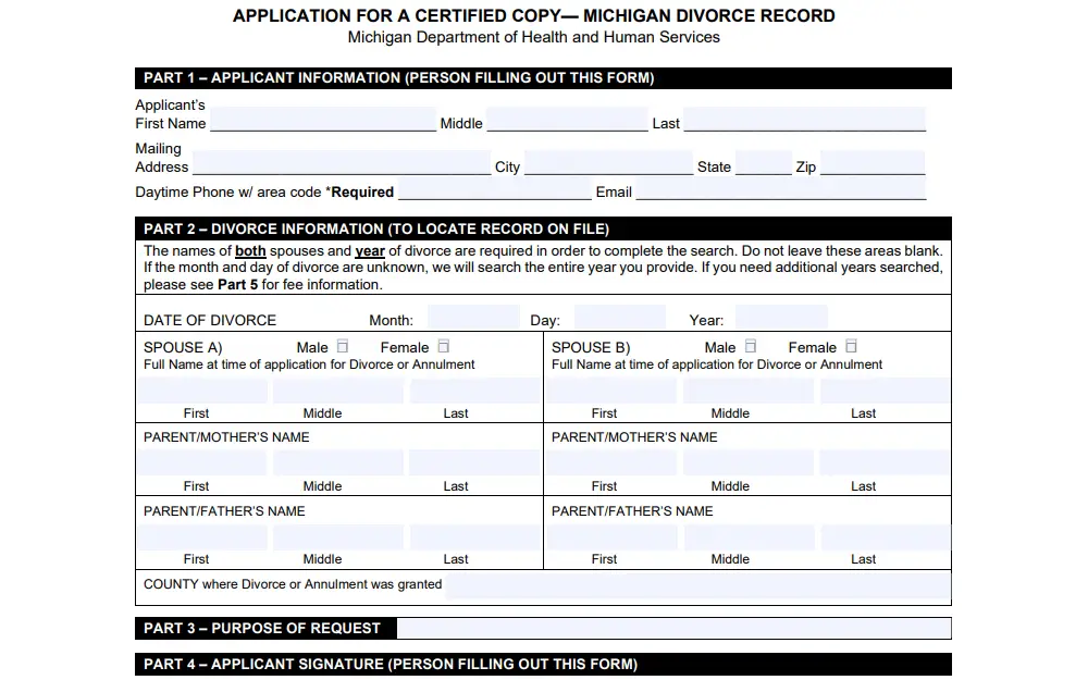 A screenshot displaying the first four parts of the application form for a divorce record copy from Michigan Department of Health and Human Services including requester's information, divorce information, purpose of request, and signature of the requester.