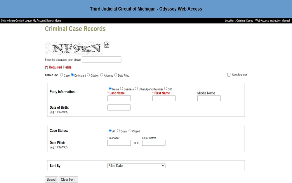 A screenshot for searching criminal case records from the Third Judicial Circuit of Michigan offers options to search by criteria such as case number, defendant, and date filed, along with fields for personal information, including name and date of birth.