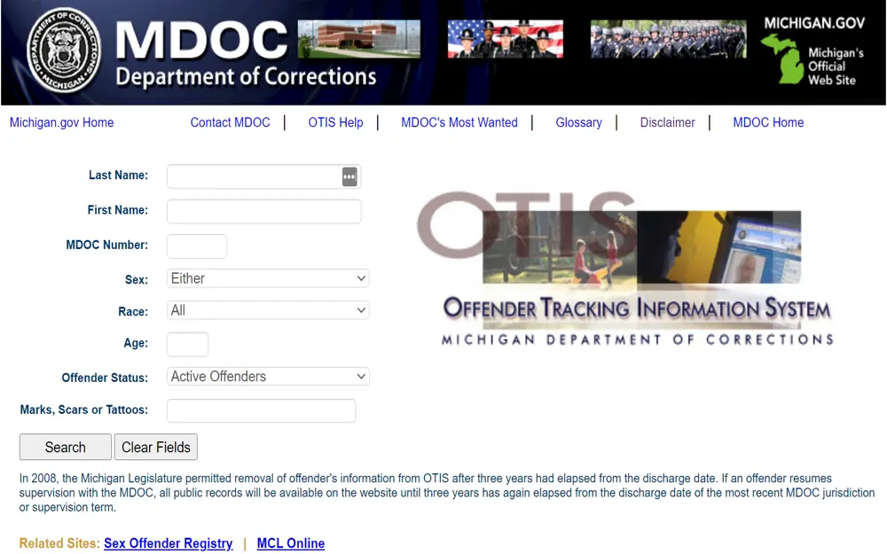 A screenshot from the Michigan Department of Corrections featuring an Offender Tracking Information System (OTIS) with the required information for searches such as last name, first name, MDOC number, sex, race, age, offender status, marks, scars or tattoos.