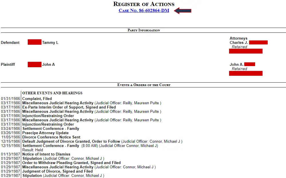 Screenshot of a register of actions from a divorce case with minor children as indicated in the case number, displaying the party information and the events and orders of the court.
