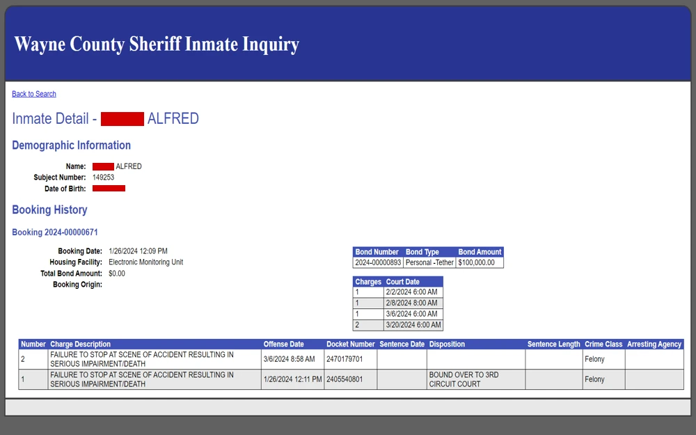 A screenshot from the Wayne County Sheriff Inmate Inquiry detailing the arrest information of an individual, including demographics, booking history, and specific charges related to traffic incidents with the corresponding court dates and bond details.