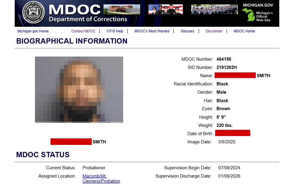 A screenshot of an inmate's details from Michigan's Offender Tracking Information System (OTIS) includes the biographical information, MDOC status, aliases, marks, scars, tattoos, prison sentences, probation sentences, and supervision conditions.